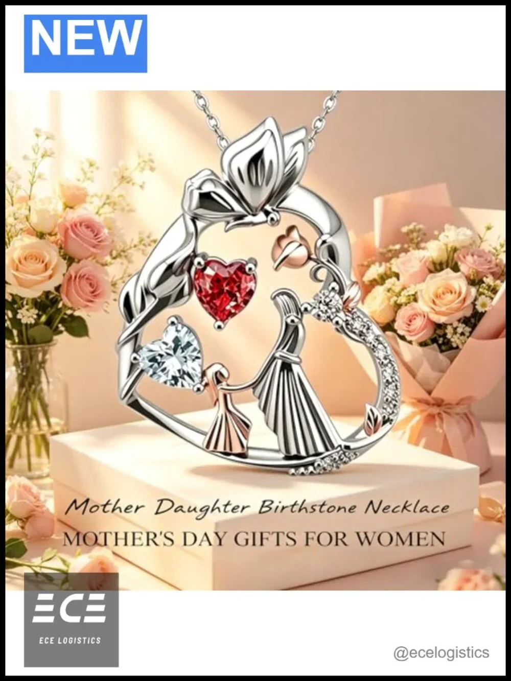 14K 18K Gold Plated Double Heart Birthstone Pendant Necklace Gift
